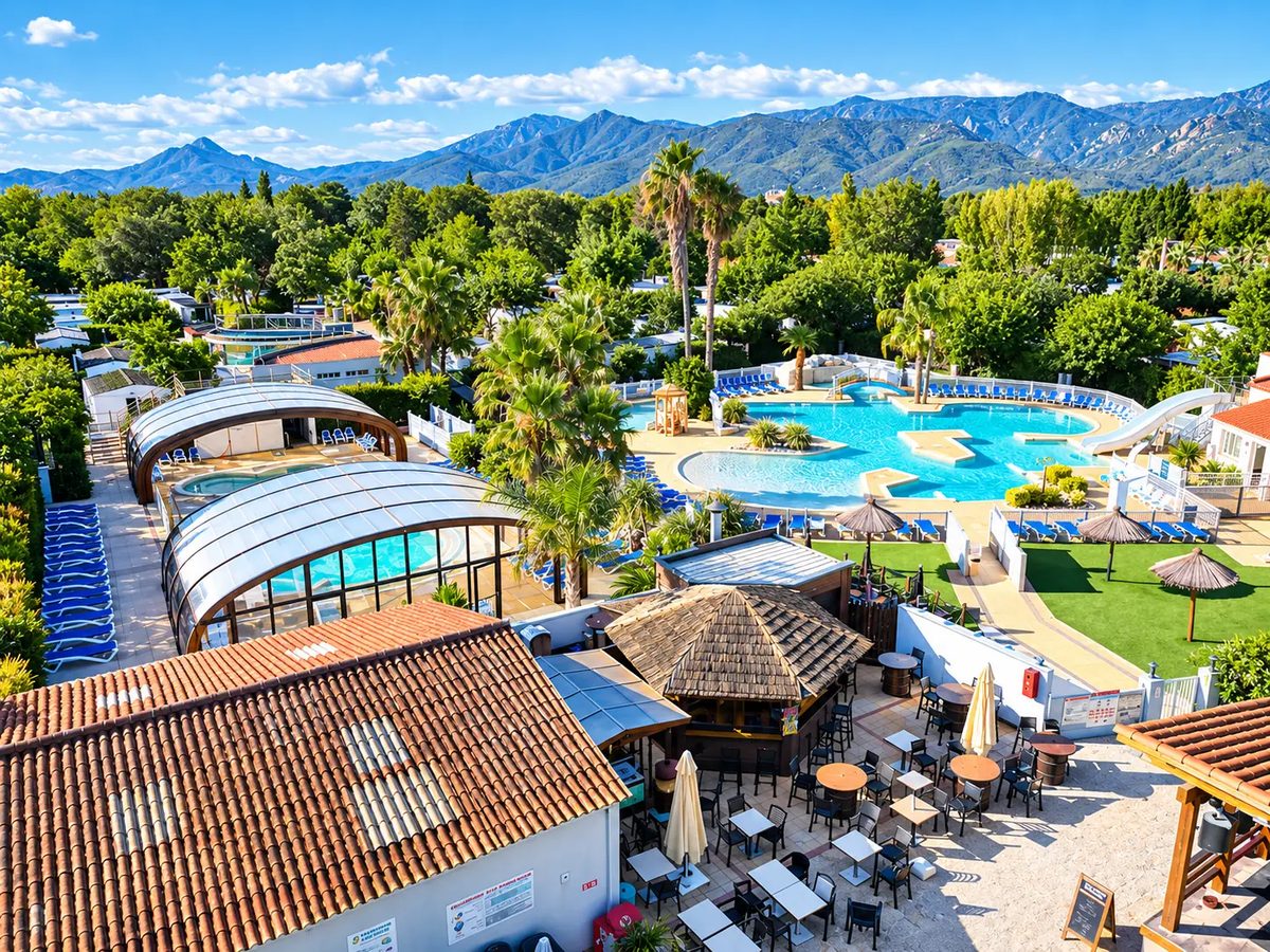 Vue du ciel de l'espace aquatique du camping l'Étoile d'Or : bassin extérieur, espace couvert et palmiers face aux Pyrénées