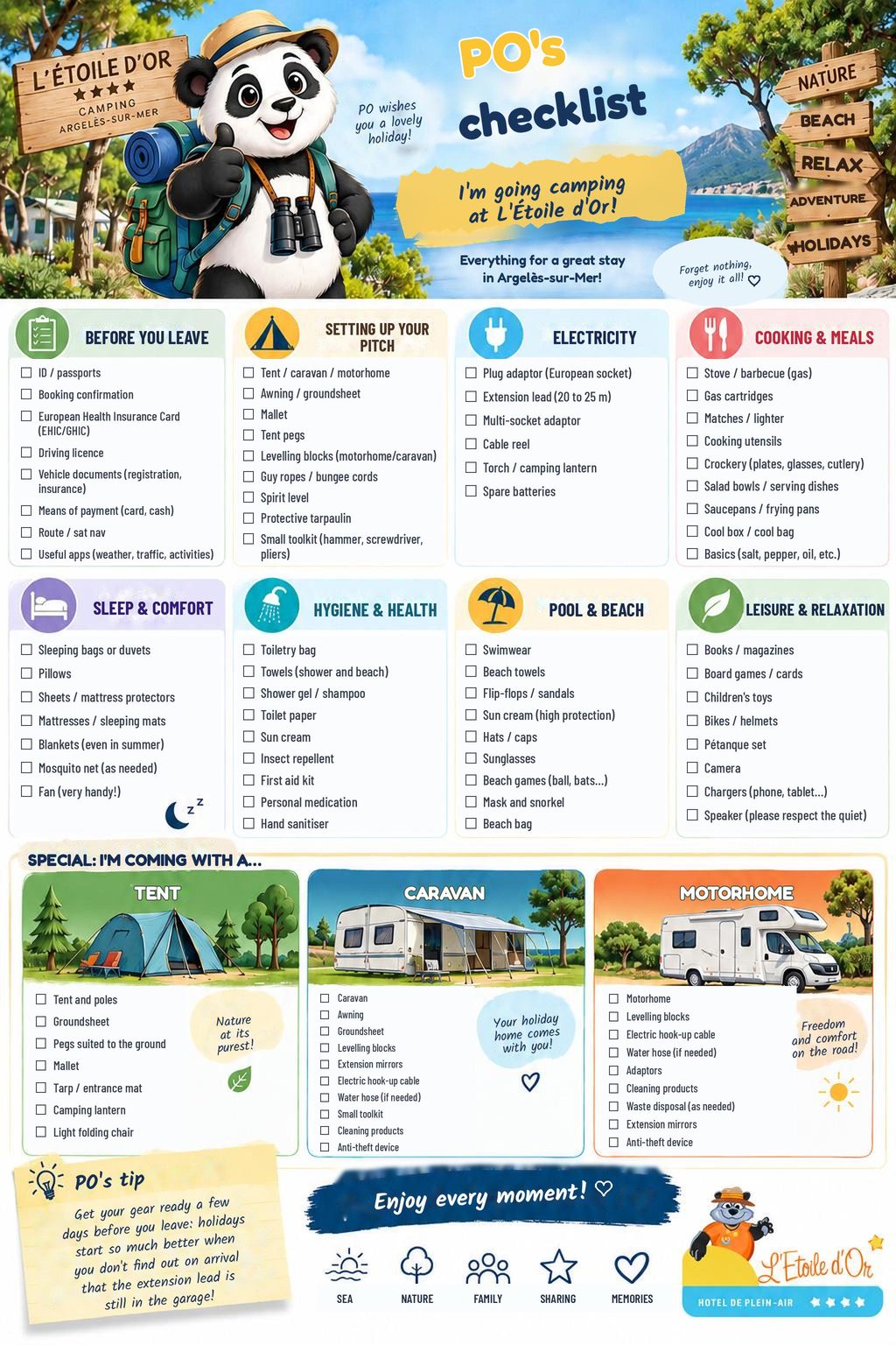 Illustrated checklist before leaving for a camping holiday at l'Étoile d'Or, with PO the mascot