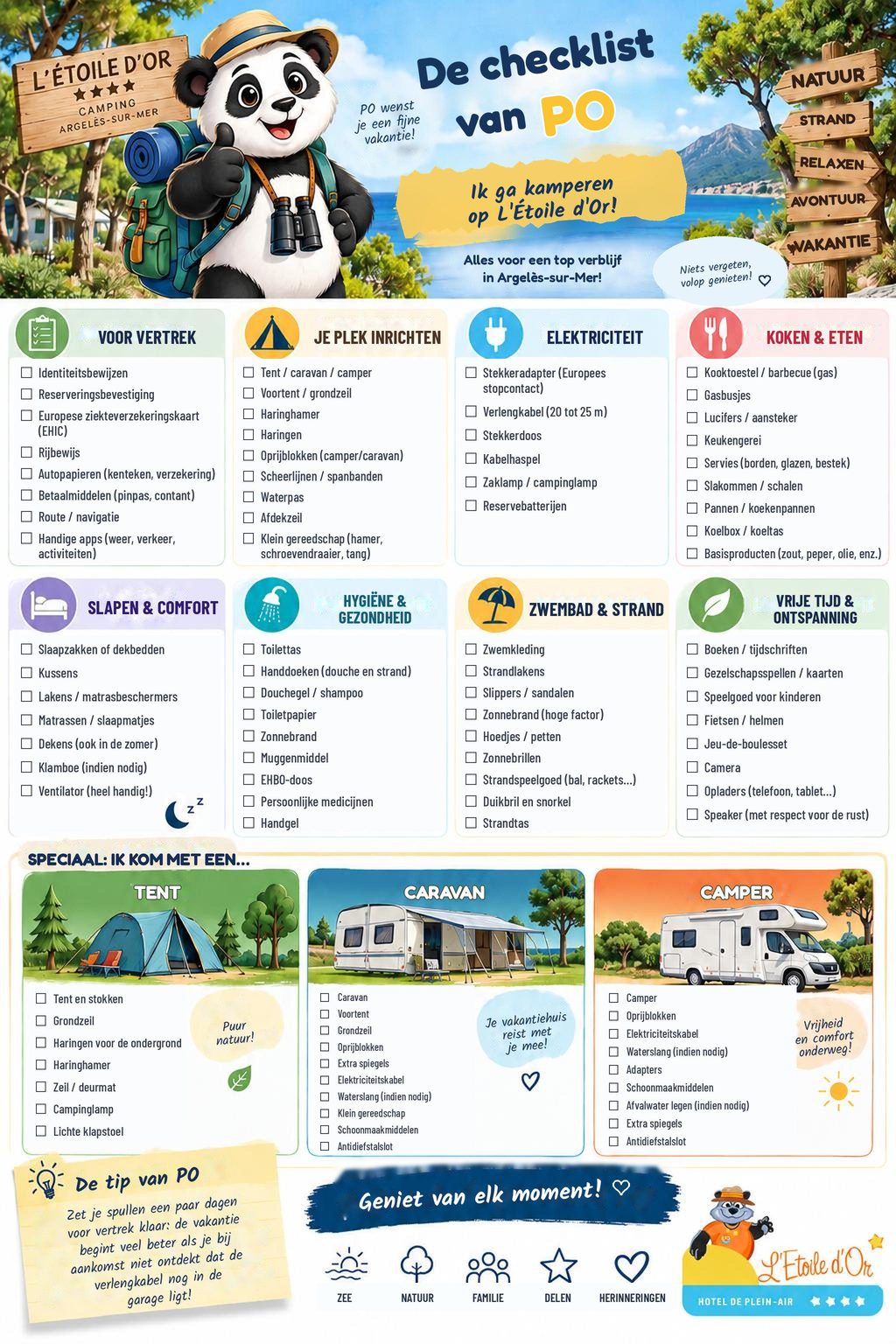 Geïllustreerde checklist voor vertrek naar camping l'Étoile d'Or, met mascotte PO