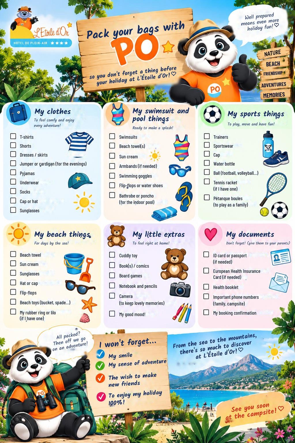 Illustrated checklist for children before leaving on holiday to l'Étoile d'Or, with PO