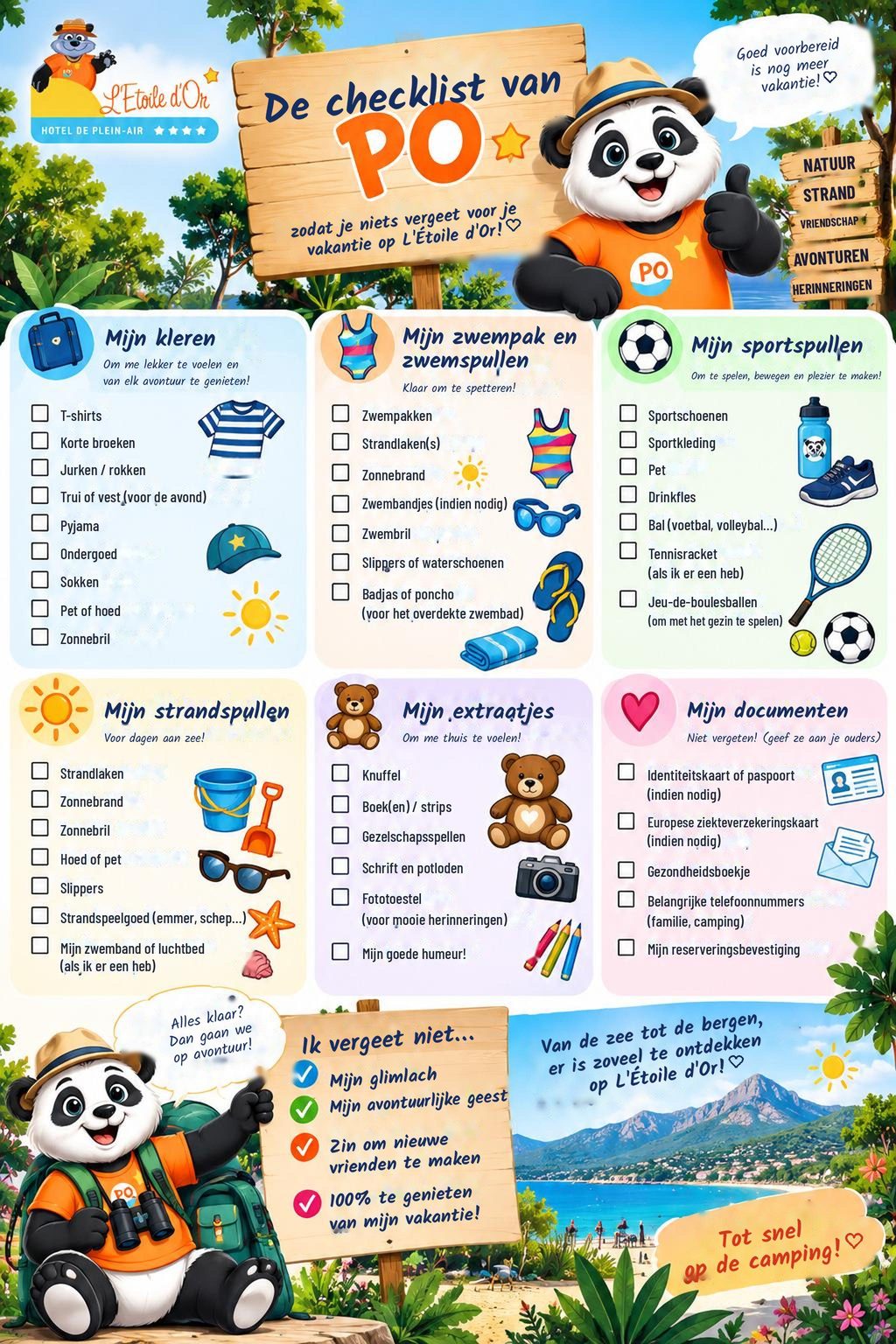 Geïllustreerde checklist voor kinderen voordat ze op vakantie gaan naar l'Étoile d'Or, met PO