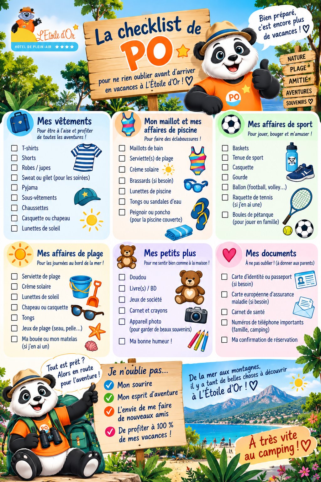 Checklist illustrée pour enfants avant de partir en vacances à l'Étoile d'Or, avec PO