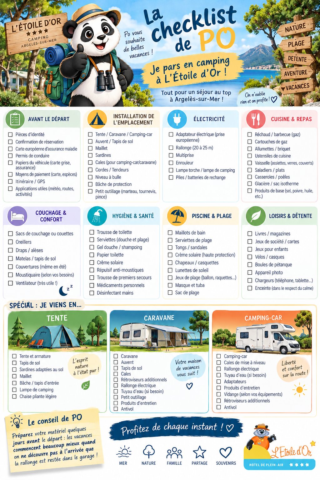 Checklist illustrée avant de partir en camping à l'Étoile d'Or, avec PO la mascotte