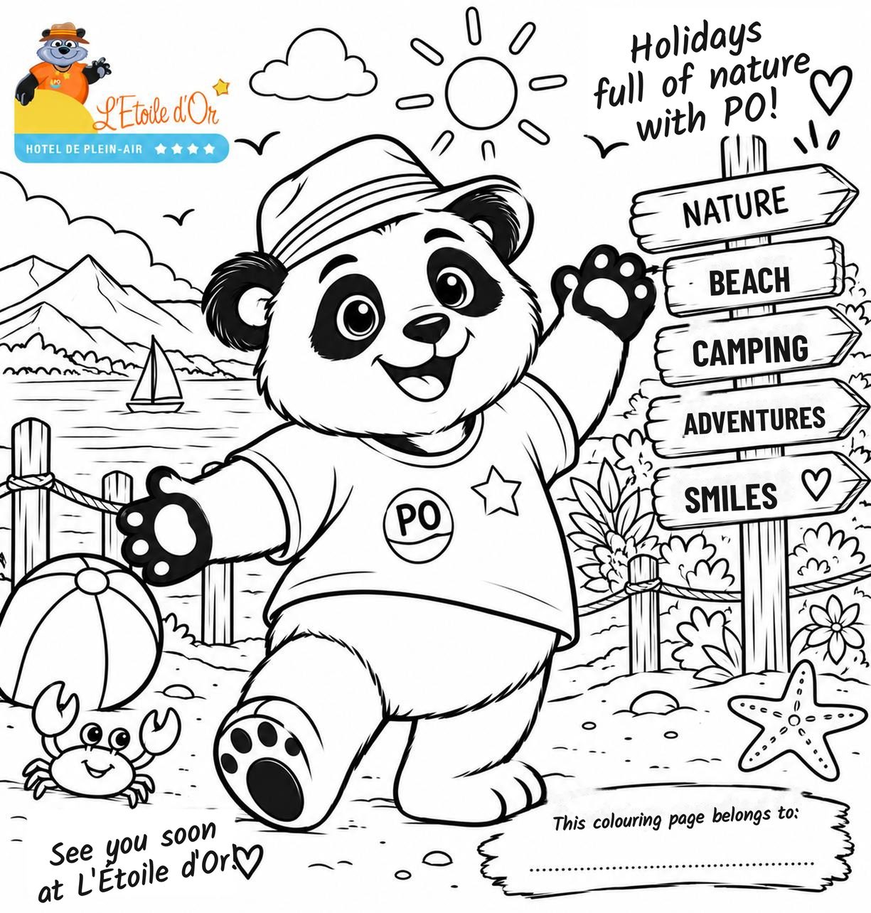Colouring page of PO, the mascot of camping l'Étoile d'Or