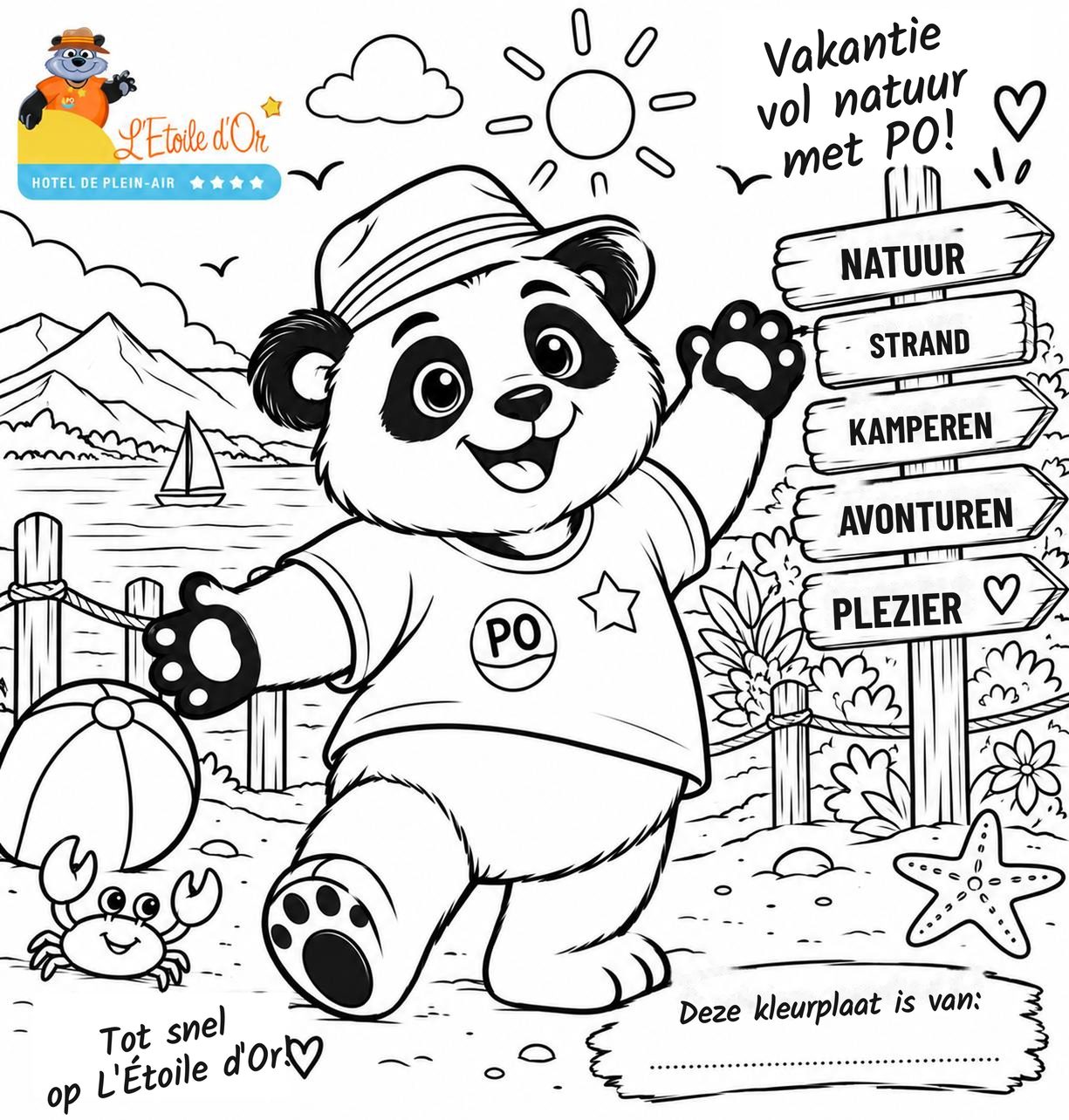 Kleurplaat van PO, de mascotte van camping l'Étoile d'Or