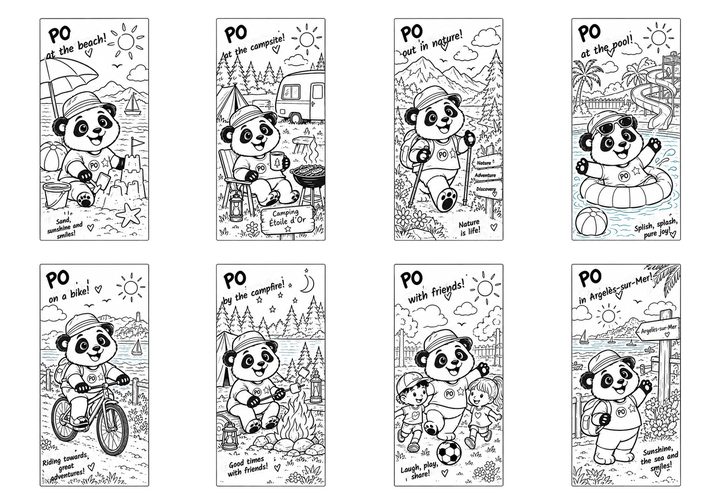 Preview of PO's 8 colouring pages: beach, campsite, nature, pool, bike, campfire, friends, Argelès-sur-Mer