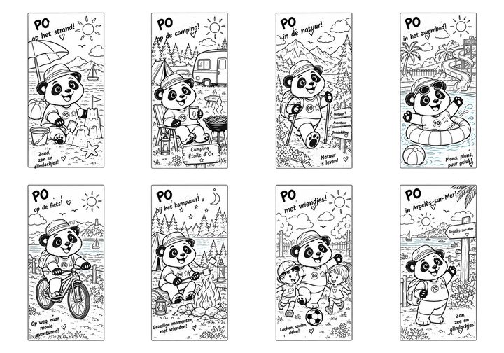 Voorbeeld van de 8 kleurplaten van PO: strand, camping, natuur, zwembad, fiets, kampvuur, vriendjes, Argelès-sur-Mer