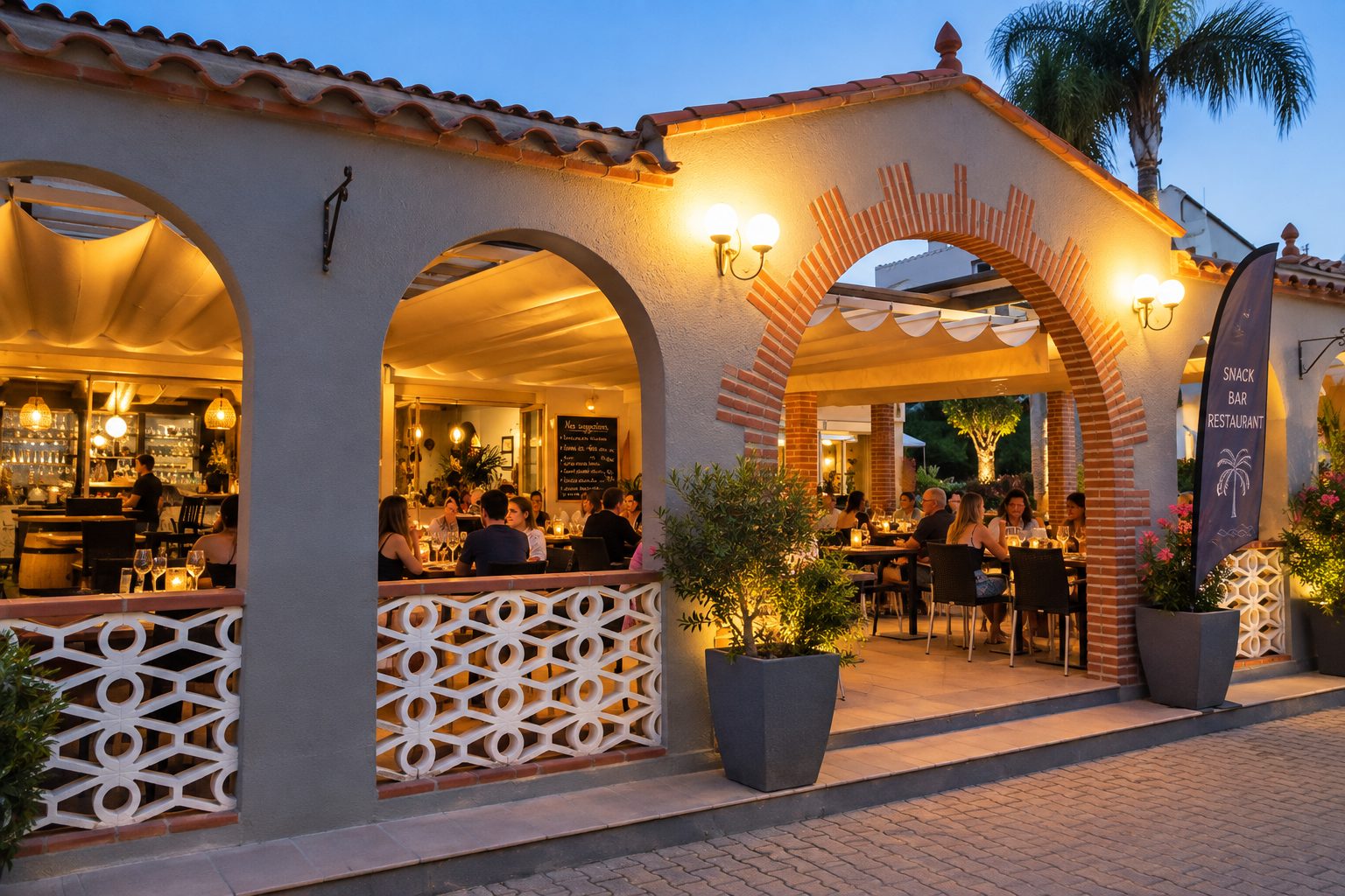 Terrace of La Grande Voile restaurant in the evening, camping l'Étoile d'Or