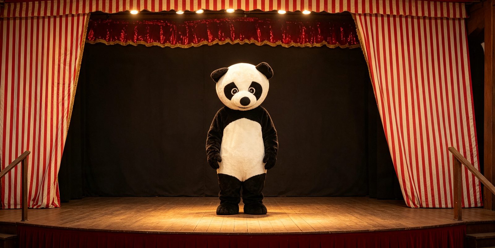 PO, de pandamascotte van de camping, helemaal in beeld op het podium onder een rood-wit gestreepte tent