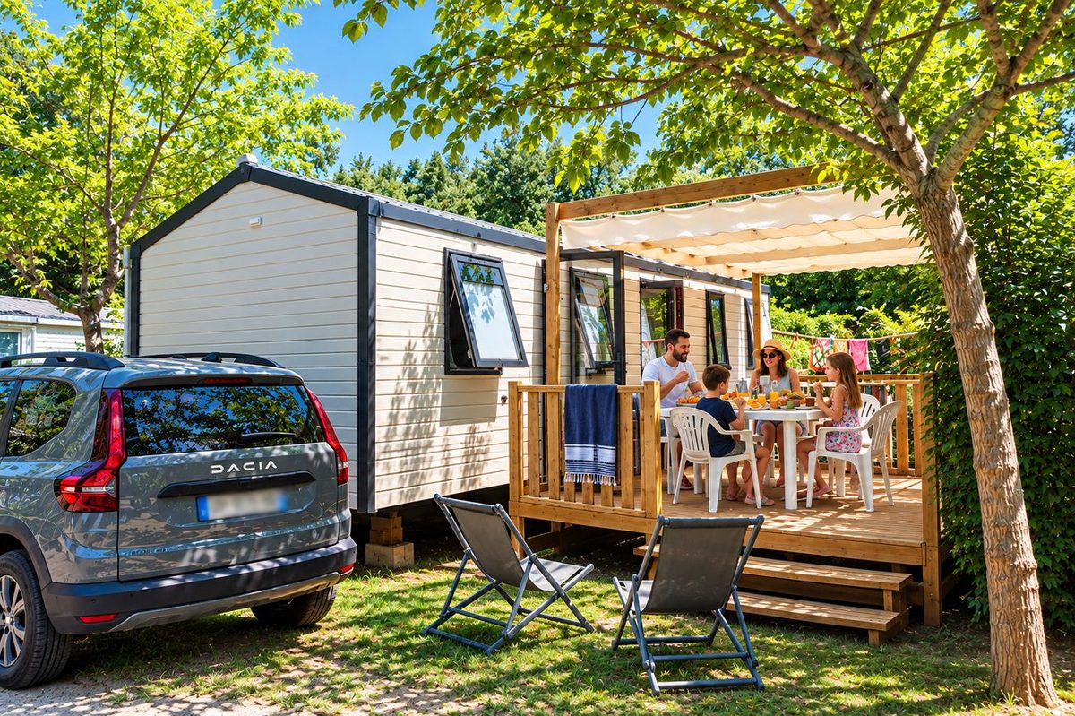 Famille prenant le petit-déjeuner en terrasse d'un mobil-home au camping l'Étoile d'Or